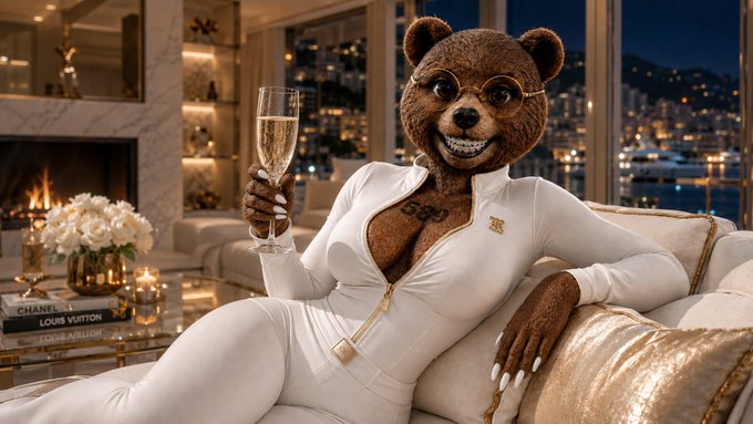 An AI-generated image of a woman with a bear's head wearing a white outfit, gold-rimmed glasses, and a gold 'B' necklace, holding a champagne glass while lounging on a couch in a luxurious penthouse.