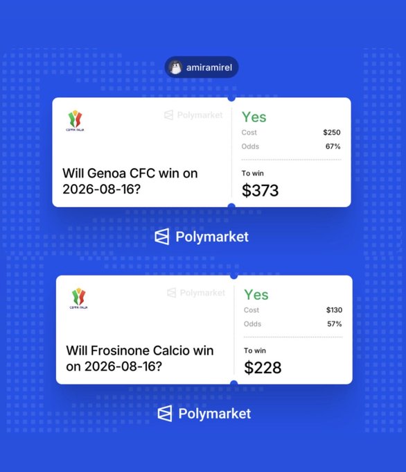 A mobile screenshot of a Polymarket betting profile ('amiramirel') showing two active bets: 'Will Genoa CFC win on 2026-08-16?' and 'Will Frosinone Calcio win on 2026-08-16?'.