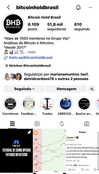 Instagram profile page for 'bitcoinholdbrasil' showing 6,109 posts, 51.8K followers, and 610 following, with a bio mentioning 'Mais de 1500 membros no Grupo Vip' and Bitcoin analysis since 2017.