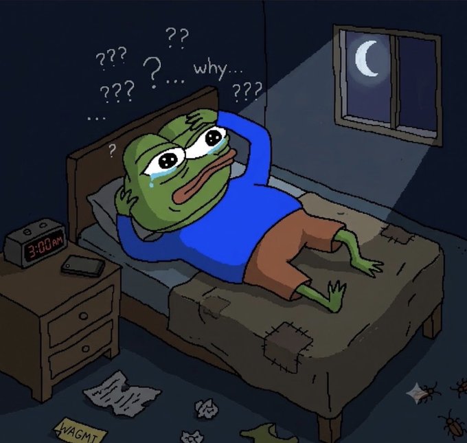 Sad Pepe frog meme lying on a bed at 3:00 AM with question marks above, saying "why..." with "WAGMI" note on the floor.