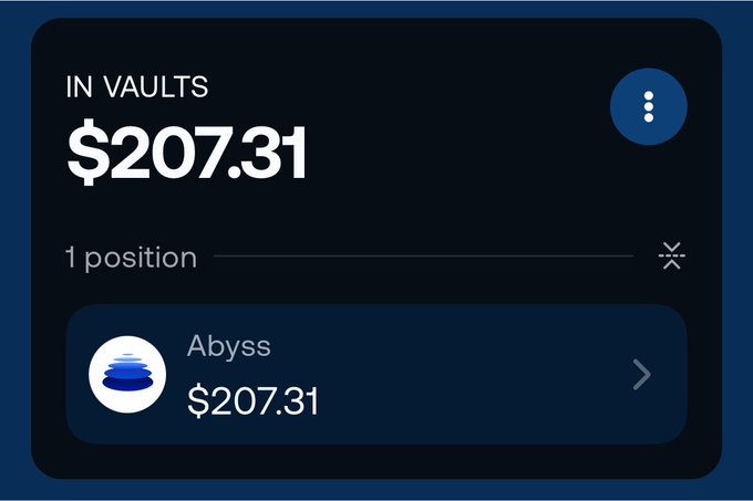 A dashboard displays a user's vault holdings showing "$207.31" labeled "IN VAULTS" with 1 position in "Abyss." The image illustrates the user's situation, showing their Abyss vault balance despite their inability to access the vaults on the platform.