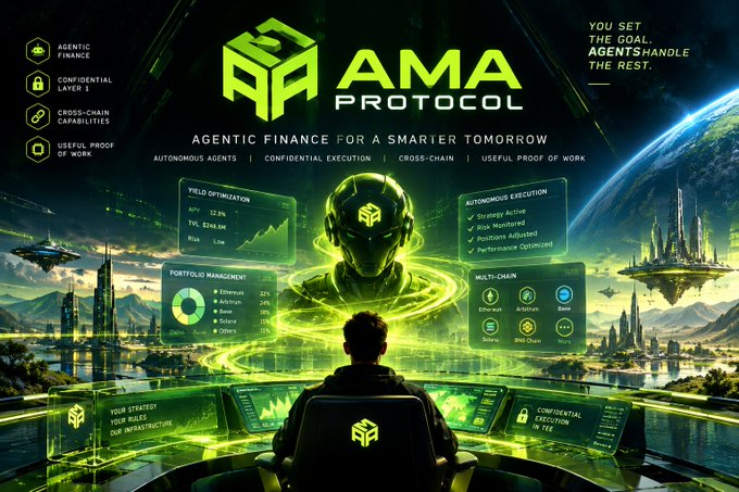 A promotional banner for 'AMA PROTOCOL' displays futuristic graphics and text including 'AGENTIC FINANCE FOR A SMARTER TOMORROW', 'AUTONOMOUS EXECUTION', and 'MULTI-CHAIN'.