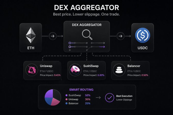 Infographic titled 'DEX AGGREGATOR' with tagline 'Best price. Lower slippage. One trade.' illustrating ETH to USDC conversion routed through Uniswap (0.45%), SushiSwap (0.30%), and Balancer (0.50%), with smart routing splits of 50% SushiSwap, 30% Uniswap, and 20% Balancer for best execution.