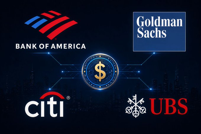 The image features logos of four major financial institutions—Bank of America, Goldman Sachs, Citi, and UBS—surrounding a glowing dollar ($) symbol, visually representing their unified backing of a joint dollar-pegged stablecoin planned for a 2027 launch. This aligns with the post's claim that Wall Street heavyweights are collectively embracing crypto rather than resisting it, with plans to later expand into euro and other G7-currency stablecoins.