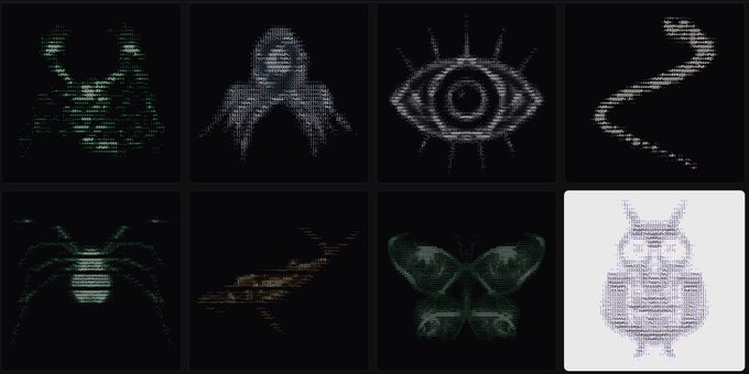 A grid of eight ASCII-style art images depicting various creatures and symbols including a spider, figure, eye, snake, wasp, jet, butterfly, and a highlighted bunny rabbit.