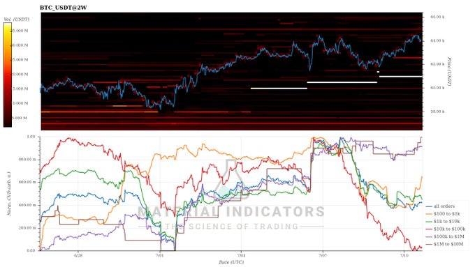 The image shows a BTC.USDT@2W candlestick chart with price levels around $60-66k alongside a normalized CVD (Cumulative Volume Delta) indicator displaying buying/selling activity across different order size brackets (from <$100 to $1M+) on what appears to be the Binance order book data from late 2023 through mid-2024. The post's claim of increased whale buying aligns with the rising CVD volume shown in the lower panel, particularly visible in the larger order brackets ($100k-$1M), though recent price action near $66k and renewed retail buying pressure support the assertion of strengthening bullish positioning.