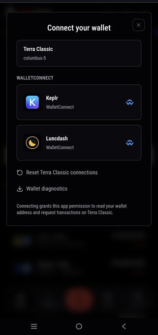 A screenshot of a 'Connect your wallet' interface for Terra Classic (columbus-5) showing WalletConnect options including Kepir and Lunadash.