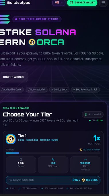 A cryptocurrency staking webpage for 'Buildsolpad' titled 'STAKE SOLANA EARN ORCA' detailing ORCA token rewards with Tier 1 offering 150 ORCA for 5 SOL.