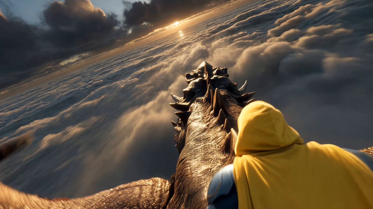 The image shows a person wearing a yellow hoodie, looking down at something below them while flying through the sky with a dragon-like creature or monster. The background features a cloudy sky, which adds an element of mystery and adventure to the scene. The post reads "Above the clouds still building". This phrase suggests that there might be some ongoing construction work or development happening in the area where the person is flying.