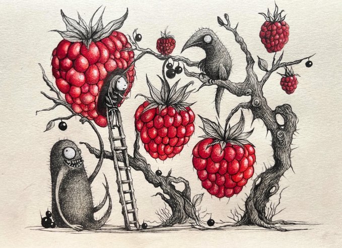 The image features a whimsical scene with three cartoon characters - two giant raspberries, one small raspberry, and a tree laden with red berries. The characters are depicted climbing up the tree using ladders or ropes, creating an amusing and imaginative world of fruit. The caption for this image is "@xrpcafe #XRPL #artonXRP" which highlights the artist's name and the post where they posted their artwork.