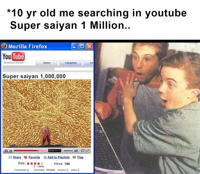 The image shows a meme with text "*10 yr old me searching in youtube Super saiyan 1 Million.." featuring a Mozilla Firefox browser displaying a YouTube video titled "Super saiyan 1,000,000" with only 105 views, alongside the classic "Two Guys Freaking Out" reaction photo. The joke relates to the post about missing early Bitcoin opportunities—instead of making savvy investments as a kid, the creator wasted time on absurdly low-view YouTube videos about Dragon Ball Z transformations.
