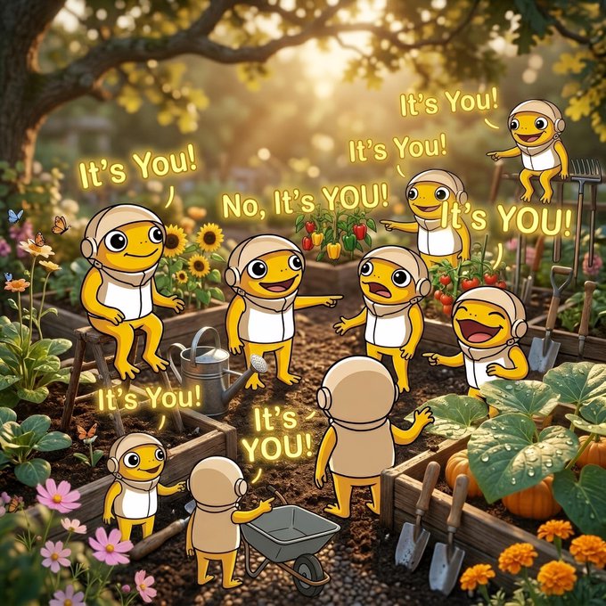 A whimsical illustration of yellow smiley-face characters in a garden setting, all pointing at each other with speech bubbles reading 'It's You!' and 'No, It's YOU!' in a reference to the 'Mirror' meme.