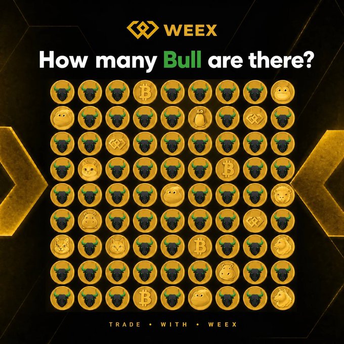A WEEX promotional graphic asking 'How many Bull are there?' with a grid of gold coin emojis featuring mostly bull faces along with some Bitcoin, Binance, and other crypto logos mixed in.