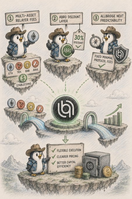 Hand-drawn illustration explaining 'Allbridge Next' features including 'MULTI-ASSET RELAYER FEES', 'ABRO DISCOUNT LAYER', and 'ALLBRIDGE NEXT PREDICTABILITY' with cartoon penguins in hats.