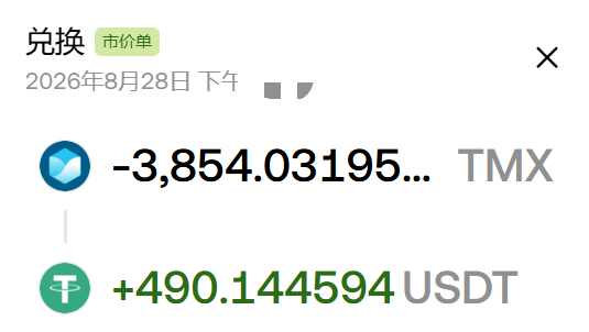 A cryptocurrency exchange notification in Chinese dated August 28, 2026, showing a swap of -3,854.03195... TMX for +490.144594 USDT at market price.