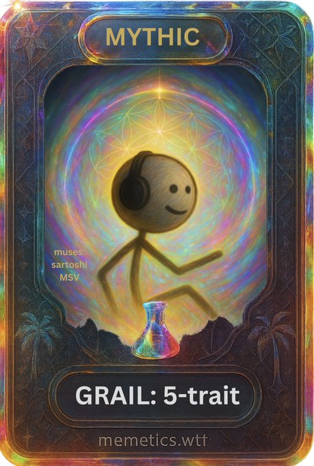 A holographic "MYTHIC" collectible card features a stick figure wearing headphones dancing joyfully above a colorful flask against a swirling rainbow vortex, labeled "GRAIL: 5-trait" and "memetics.wtt," with crediting "muses: sartoshi MSV." This fits the post's reference to $BAYLA as a meme/avatar project, presenting a rare-tier character card for a digital collectible token.