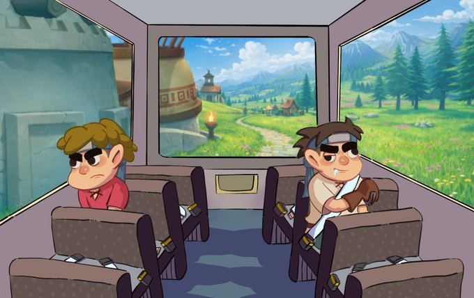 Two disgruntled Lumiterra characters sit in a bus, staring out at the game's scenic village landscape.