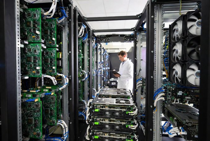 A technician in a white lab coat working inside a data center corridor lined with server racks featuring green circuit boards, blue cabling, and cooling fans on both sides.
