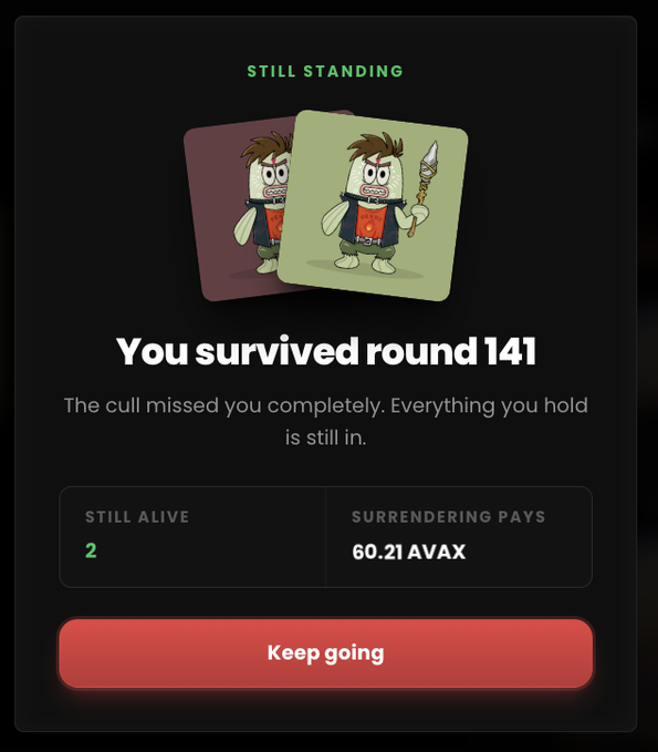 A mobile app screen with 'STILL STANDING' header announcing 'You survived round 141' with text 'The cull missed you completely. Everything you hold is still in,' showing 2 still alive and 60.21 AVAX surrendering pays, with a red 'Keep going' button.
