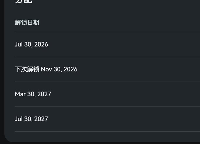 A dark interface displays Chinese text with unlock dates listed as 'Jul 30, 2026', '下次解锁 Nov 30, 2026' (Next unlock Nov 30, 2026), 'Mar 30, 2027', and 'Jul 30, 2027'.
