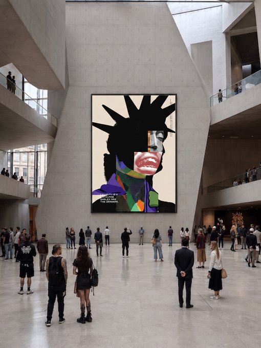 An interior view of a museum gallery where visitors observe a large pop-art painting of a figure with a spiked crown (resembling Basquiat's crown motif) displayed on a concrete wall.