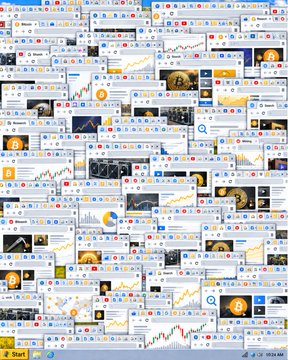 A chaotic collage of numerous overlapping cryptocurrency and stock trading platform screenshots and interface elements.