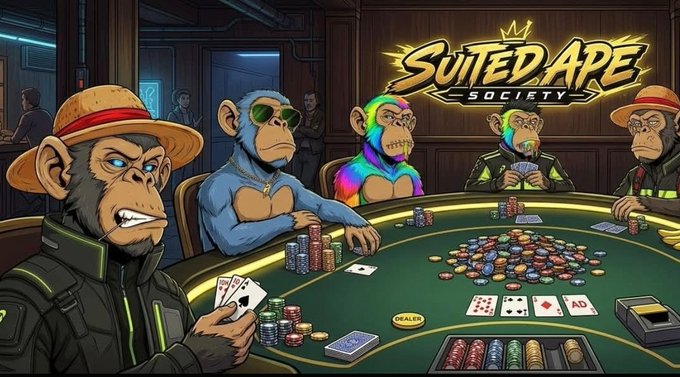 Promotional artwork for 'Suited Ape Society' depicting several anthropomorphic apes in suits playing poker at a casino table.