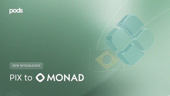 A sleek green-toned promotional graphic featuring the "pods" logo and text announcing "NEW INTEGRATION: PIX to MONAD," alongside a translucent 3D cube with Brazilian Pix imagery—visually reinforcing the message of Brazil's Pix payment system connecting to the Monad blockchain ecosystem.