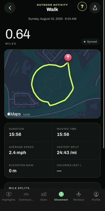 A smartphone screenshot of a fitness app showing an 'OUTDOOR ACTIVITY' walk tracking 0.64 miles on Sunday, August 16, 2026, with a 15:56 duration and a yellow route map.