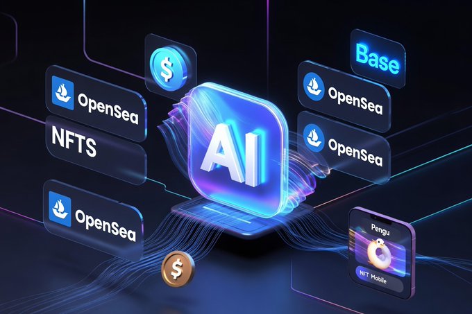 A glowing 3D "AI" icon sits at the center of a dark tech-themed scene, surrounded by floating badges labeled "OpenSea," "Base," "NFTS," a dollar sign, and a "Pengu NFT" mobile card, illustrating the integration of AI-driven tools with OpenSea's marketplace on the Base network for managing digital collectibles and token swaps.