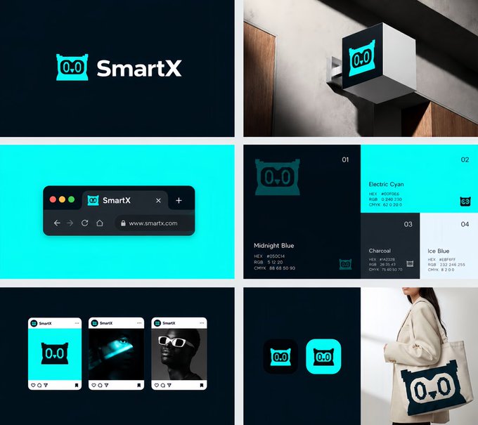 A brand identity board for "SmartX" displaying the "0.0" logo, color palette (Electric Cyan, Midnight Blue, Charcoal, Ice Blue), and mockups on signage, web browsers, social media, and merchandise.