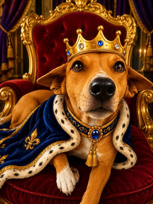 A regal dog wearing a golden crown adorned with blue gemstones sits on an ornate red and gold throne, draped in a blue royal cape with fleur-de-lis designs and an ermine-trimmed collar featuring a sapphire pendant.