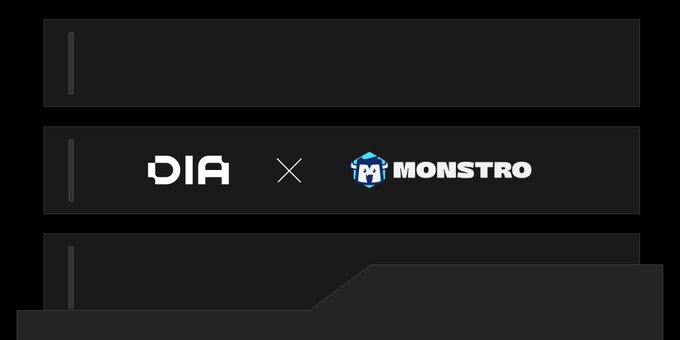 The image displays a partnership banner featuring the logos "DIA" and "MONSTRO" separated by an "X" symbol on a dark background, visually representing the integration between DIA's price feeds and Monstro's lending protocol on Base.