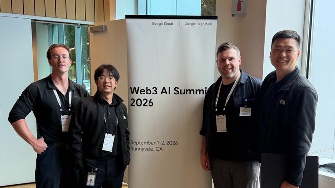 A photograph of four men wearing lanyards standing together at the 'Web3 AI Summit 2026', dated September 1-2, 2026, in Sunnyvale, CA, sponsored by Google Cloud and Google DeepMind.