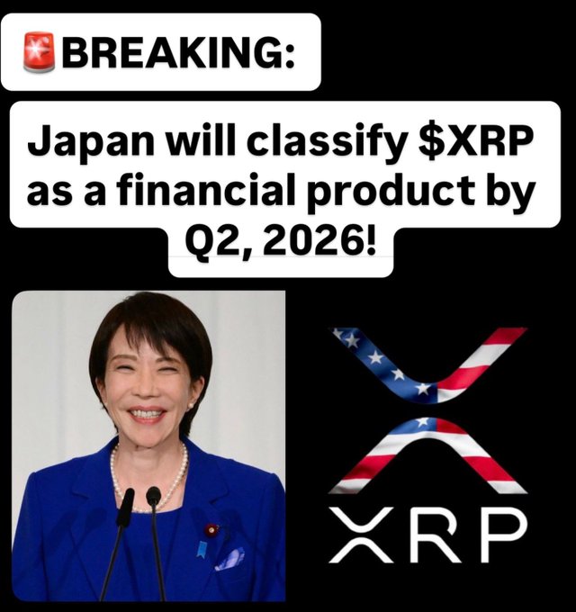 This image announces that Japan will classify $XRP as a financial product by Q2, 2026, featuring the XRP logo and a photo of a smiling woman, likely related to the announcement and resonating with the "XRP Army" post.