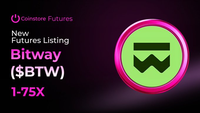 The image features a pink circle with a green logo, which reads "BTWUSDT Futures" inside of it. The text below the logo states that "FTURES LISTSING (btw)". This suggests that there is a new listing for Bitway Futures on Coinstore Futures.