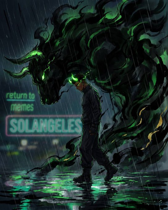 An anime-style digital artwork showing a person with glowing green eyes walking through rain in a neon-lit city, with a shadowy bull-like demonic figure looming behind them and a 'SOLANGELES' sign reading 'return to memes'.
