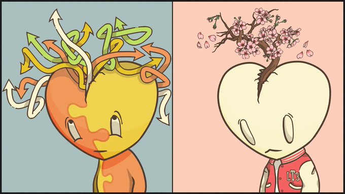 A two-panel cartoon illustration: the left panel shows an orange and yellow character with colorful arrows swirling from its head, while the right panel depicts a white character with a cherry blossom tree growing from a crack in its head.
