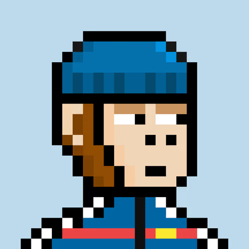 A pixel-art portrait of a character with brown hair wearing a blue beanie and a blue jacket with red and yellow details against a light blue background.
