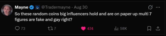 The image shows a tweet from @Tradermayne posted on Aug 30 questioning whether the massive paper gains influencers claim on random meme coins are real, reading: "So these random coins big influencers hold and are on paper up multi 7 figures are fake and gay right?" The post received 474 likes, 7 retweets, and 58K views, aligning with the accompanying commentary that explores the paradox of influencer-held meme coins—where selling would crash the price and rug the community, yet holding forever isn't feasible.