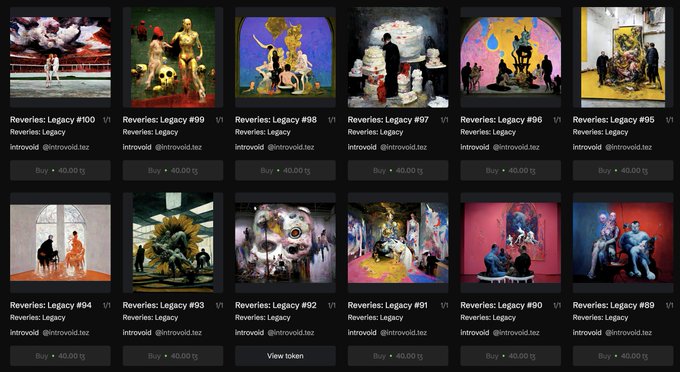 A gallery of NFT artworks titled 'Reversies: Legacy' by 'introvid' from the collection '@introvid.tezz', showing various surreal scenes with pricing information like 'Buy - 40.00 tz'.