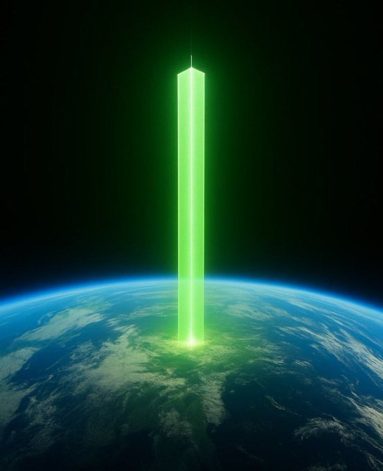 A sci-fi illustration showing a glowing green vertical beam or monolith descending from space onto Earth against a black backdrop.