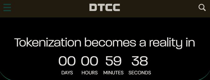 A black webpage header for DTCC featuring the text 'Tokenization becomes a reality in' followed by a countdown timer showing 00 days, 00 hours, 59 minutes, and 38 seconds.