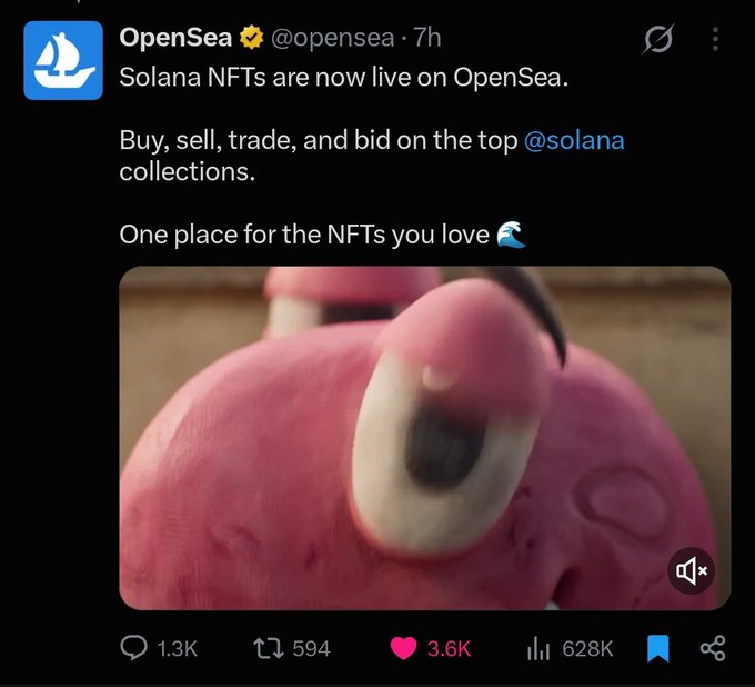 OpenSea tweeted announcing that Solana NFTs are now live on their platform, featuring a pink creature character in the image. The post shows strong engagement with 3.6K likes, 628K views, and 594 retweets, and includes a text overlay reading "Solana NFTs are now live on OpenSea. Buy, sell, trade, and bid on the top @solana collections. One place for the NFTs you love."