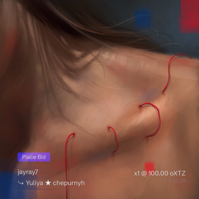 A close-up digital painting shows skin pierced with red thread, accompanied by auction interface text reading "Place Bid," "jayray7," "↳ Yuliya ★ chepurnyh," and "x1 @ 100.00 oXTZ" with "$ 19.38" below. The image represents the artwork "will you ever face it?" being auctioned by jayray7 with a current bid of 100 $XTZ.