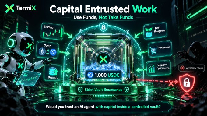 A promotional graphic for Termix displays 'Capital Entrusted Work' with the tagline 'Use Funds, Not Take Funds,' illustrating an AI-powered vault managing tasks like Trading, Swap, Deposit, DeFi Management, Procurement, and Liquidity Optimization, while blocking Withdraw/Take functions, with text asking 'Would you trust an AI agent with Capital inside a controlled vault?'