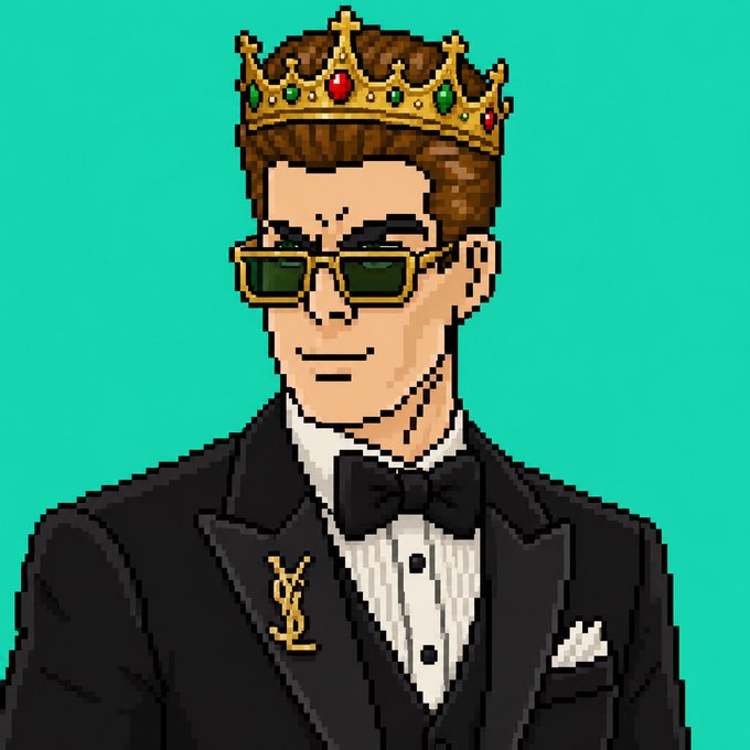 The image features a man dressed in a tuxedo, wearing sunglasses and a crown. The man appears to be a character from a cartoon or comic strip, as he has a serious expression on his face. The background of the image is green, which contrasts with the man's black suit and adds depth to the scene. There are no texts present in the image, but there is a caption that reads "In case you live under a rock haven’t heard This is a big time mint An originally native $HBAR market place, hosting an $XRP mint. FREE MINT Cross-chain launchpad Onboarding at its finest Shoutout to @CasinoSociety_ & @DreamBayio Thank you for this".