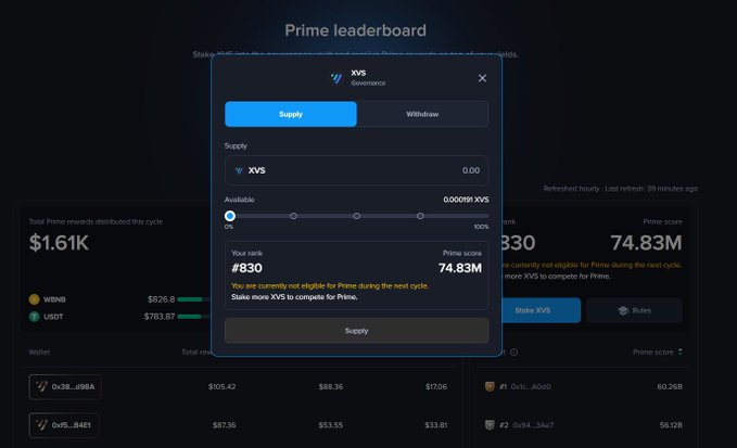 A dark-themed crypto dashboard showing a 'Prime leaderboard' with XVS governance token staking interface, displaying $1.61K in prime rewards and a user rank of #330.