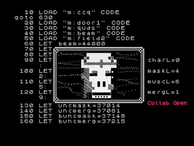 Retro terminal-style BASIC code listing with line numbers loading graphic 'm' assets like ccq, door1, quds, beam, field, field2 and rendering a pixel-art skull mask, with a 'Collab Open' note in pink.