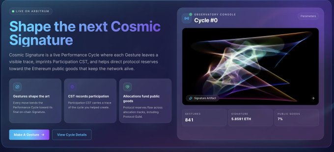The image shows a page from a website named "@CosmicSignature", which appears to be advertising a new Cosmic signature game. The game promises a unique way of distributing value, rather than following traditional winner-take-all outcomes. Instead, each Performance Cycle is allocated ETH across multiple tracks based on factors such as timing and endurance. This allocation system encourages users to compete for the rewards associated with their performance cycles, creating an exciting and fair environment within the game.